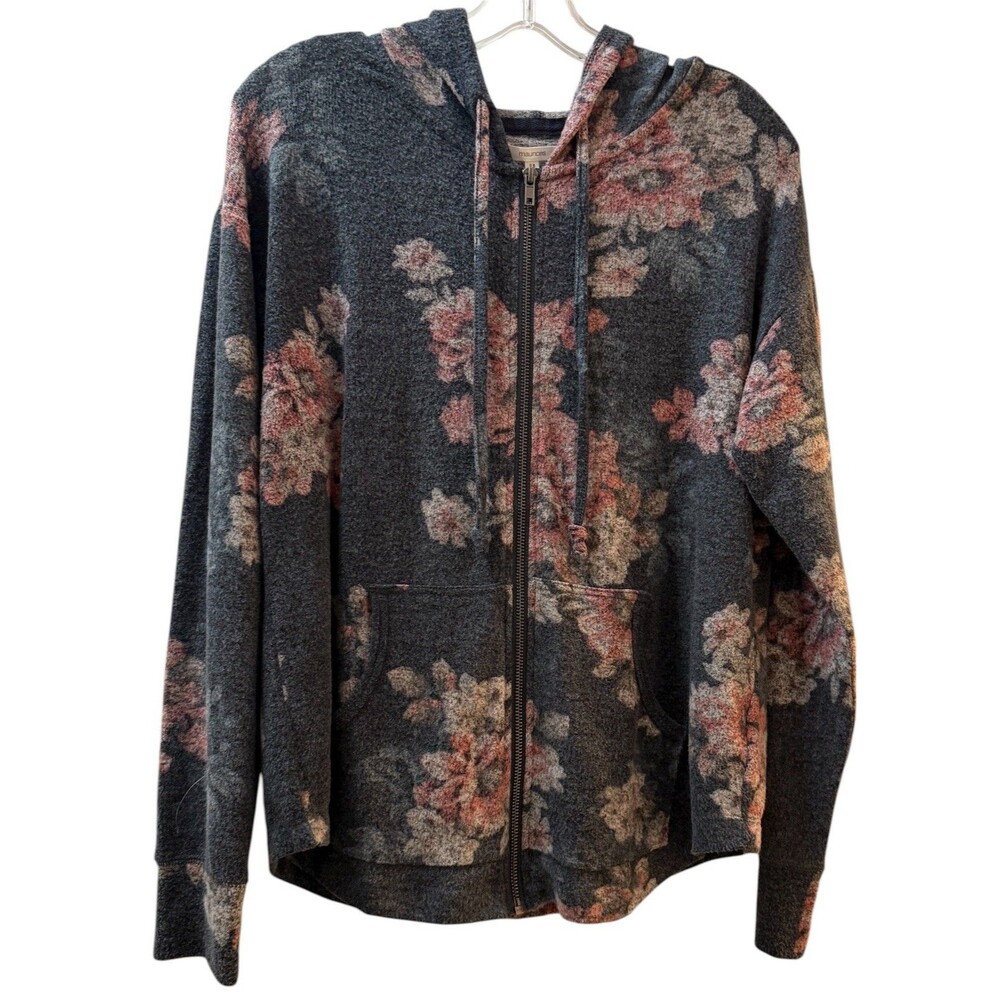 Maurices Soft Zip Hoodie Sweater Size Medium Long Sleeve Grey Pink Floral NWT
